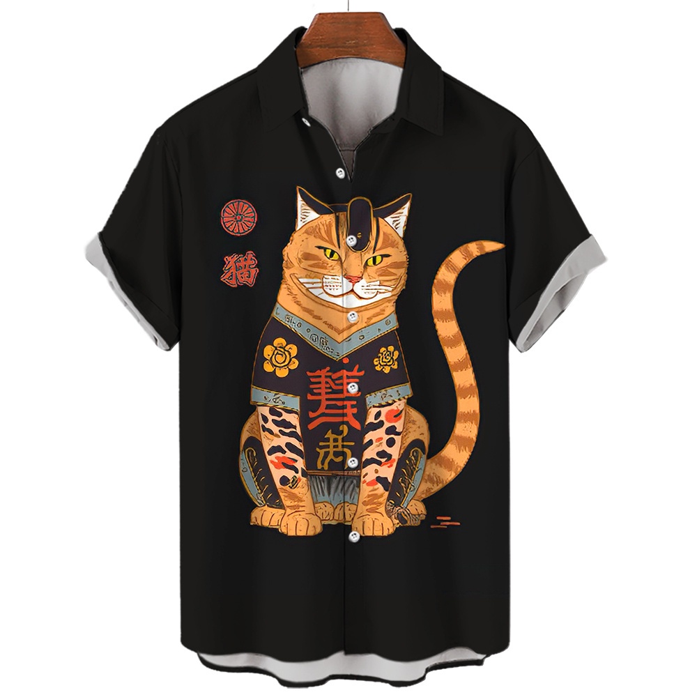 Áo Sơ Mi Đen Tay Ngắn Cỡ Lớn In Họa Tiết Mèo samurai Nhật Bản Thời Trang Cho Nam