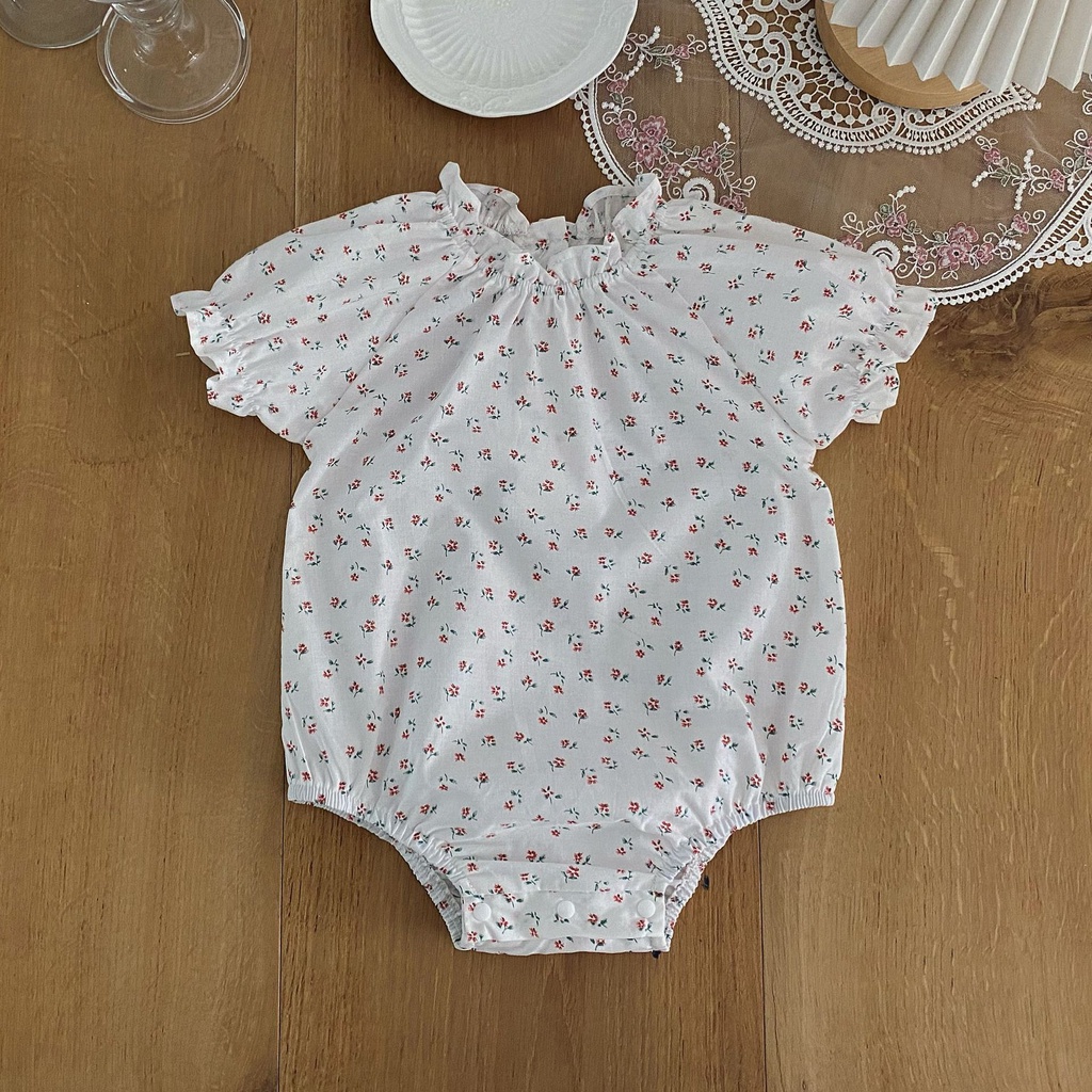 Bộ Áo Liền Quần Tay Ngắn In Hoa + Đầm Hai Dây Phối Ren Xinh Xắn Cho Bé Gái