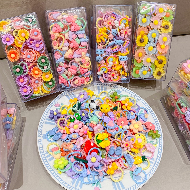 Hộp 30 Dây Buộc Tóc Cao Su Co Giãn Hình Hoạt Hình Dễ Thương Cho Bé