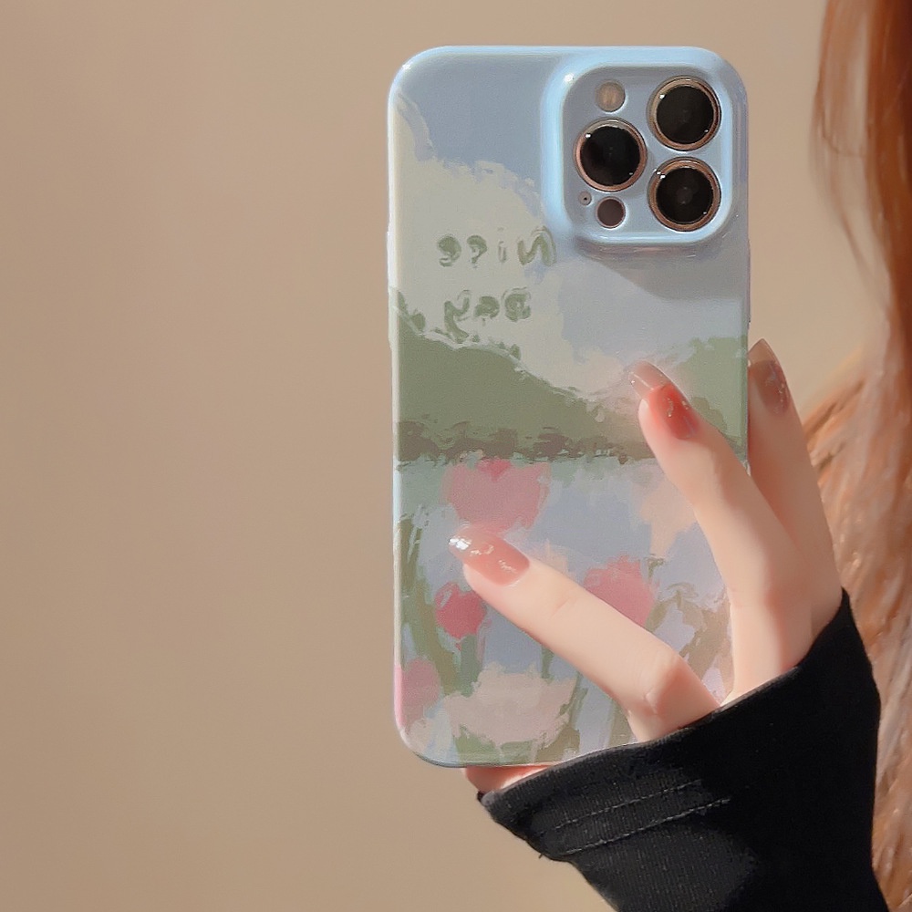 Ốp Điện Thoại Cứng Họa Tiết Hoa Tulip Sơn Dầu Cho Iphone SE2020 7 / 8 Plus 14 X XR XM 11 12 13 PRO MAX AT0259