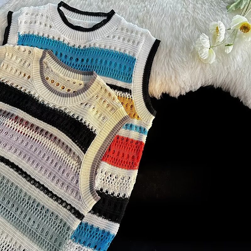 Áo Len Không Tay Dáng Rộng Họa Tiết Kẻ Sọc Màu Tương Phản Phong Cách Retro Mỹ Thời Trang Mùa Hè Mới
