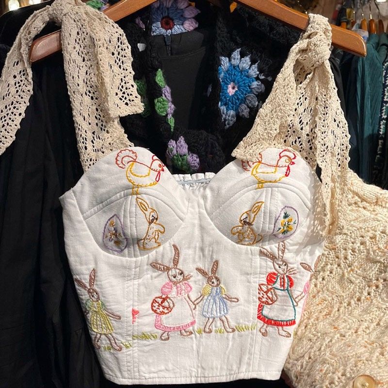 [F &amp; X] Áo Hai Dây Dệt Kim Thêu Họa Tiết Hoạt Hình Phong Cách Công Nghiệp Cho Nữ