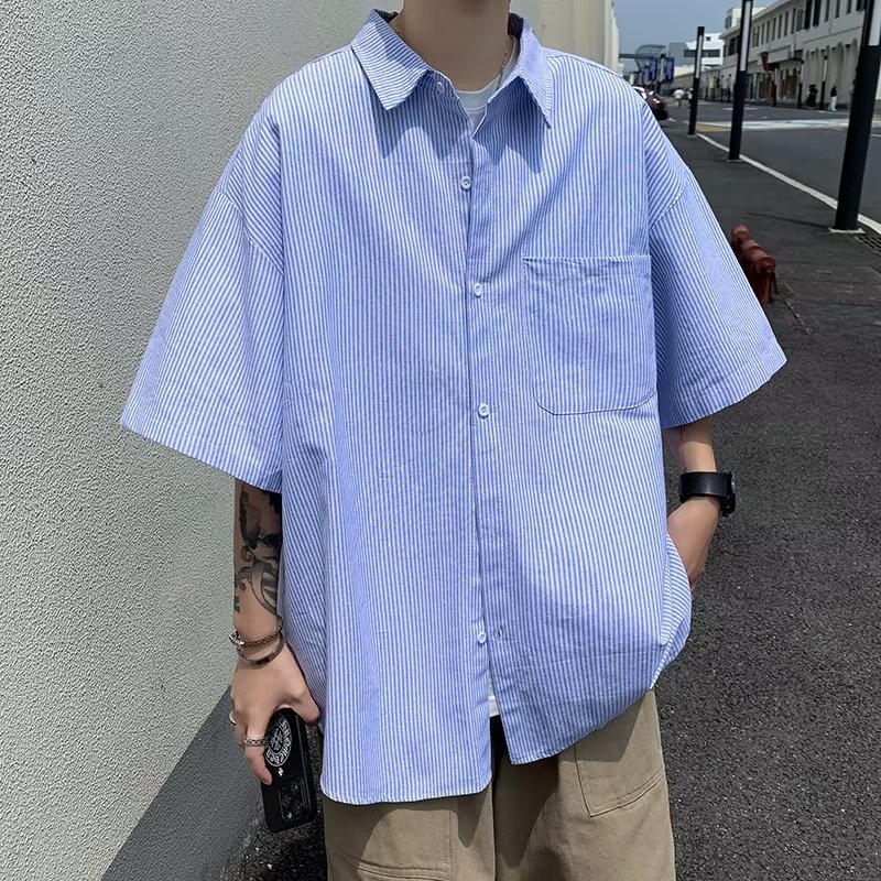 Aokang Áo Sơ Mi Tay Lửng Dáng Rộng Họa Tiết Kẻ Sọc Thời Trang Mùa Hè Phong Cách Nhật Bản Cho Nam