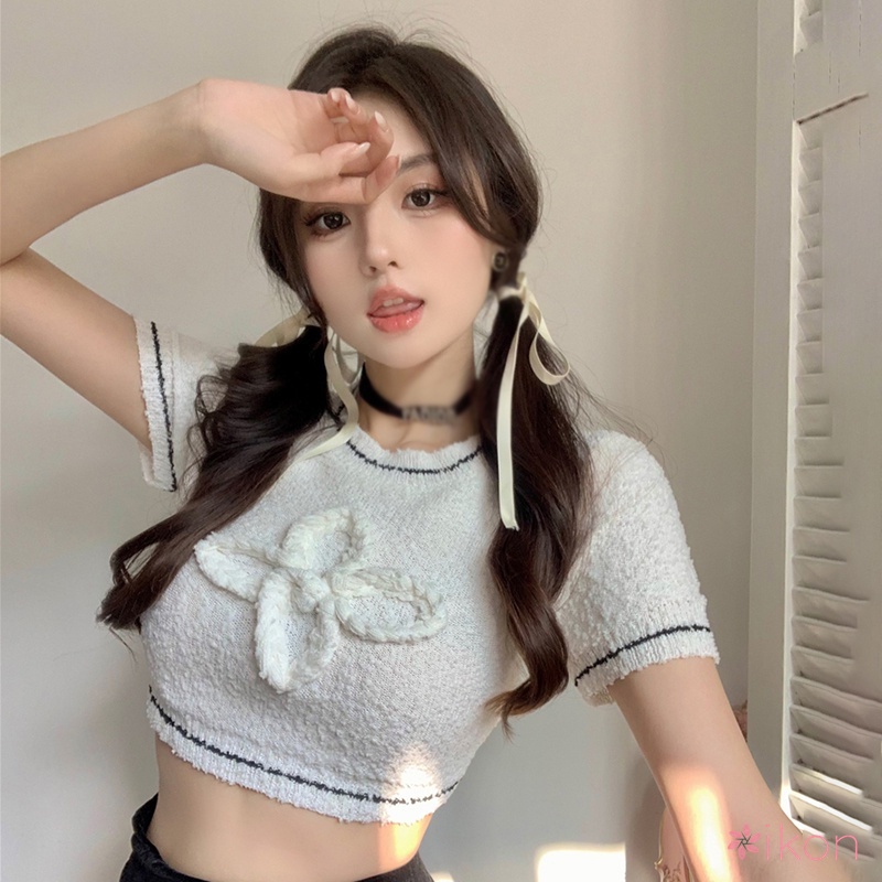 Áo Thun Croptop Tay Ngắn In Hoa Kiểu Hàn Quốc Xinh Xắn Cho Nữ