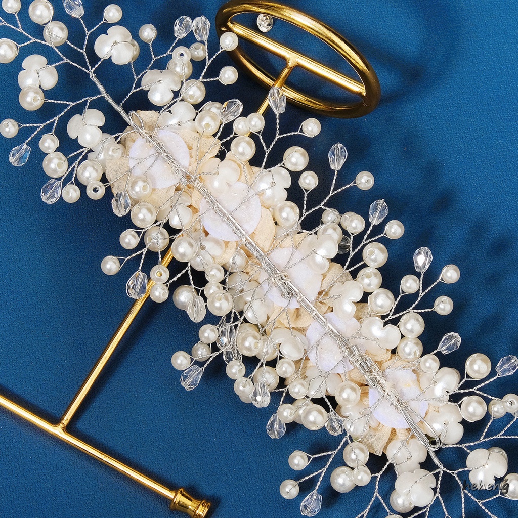 Dây Buộc Tóc Vải Mềm Đính Hoa Ngọc Trai Màu Xanh Lá Thủ Công