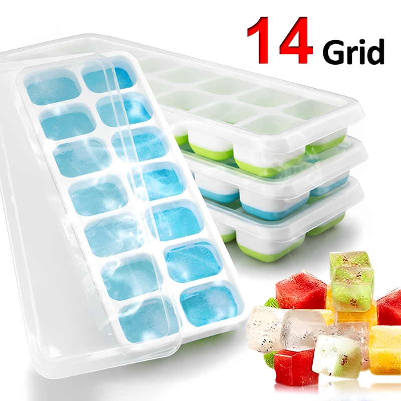 Khuôn Làm Đá Viên 14 Ngăn Đa Năng Đế Nhựa Mềm Tái Sử Dụng Được Có Nắp Tháo Rời Được DIY