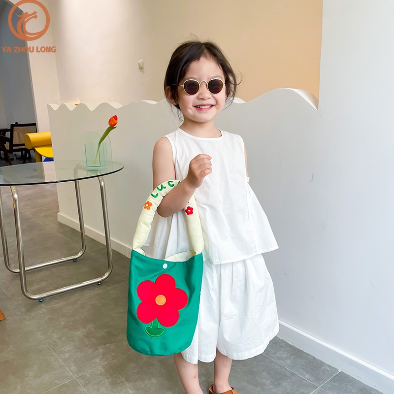 Túi Canvas Đeo Vai Thêu Họa Tiết Hoa Hoạt Hình Dễ Thương Cho Bé Gái