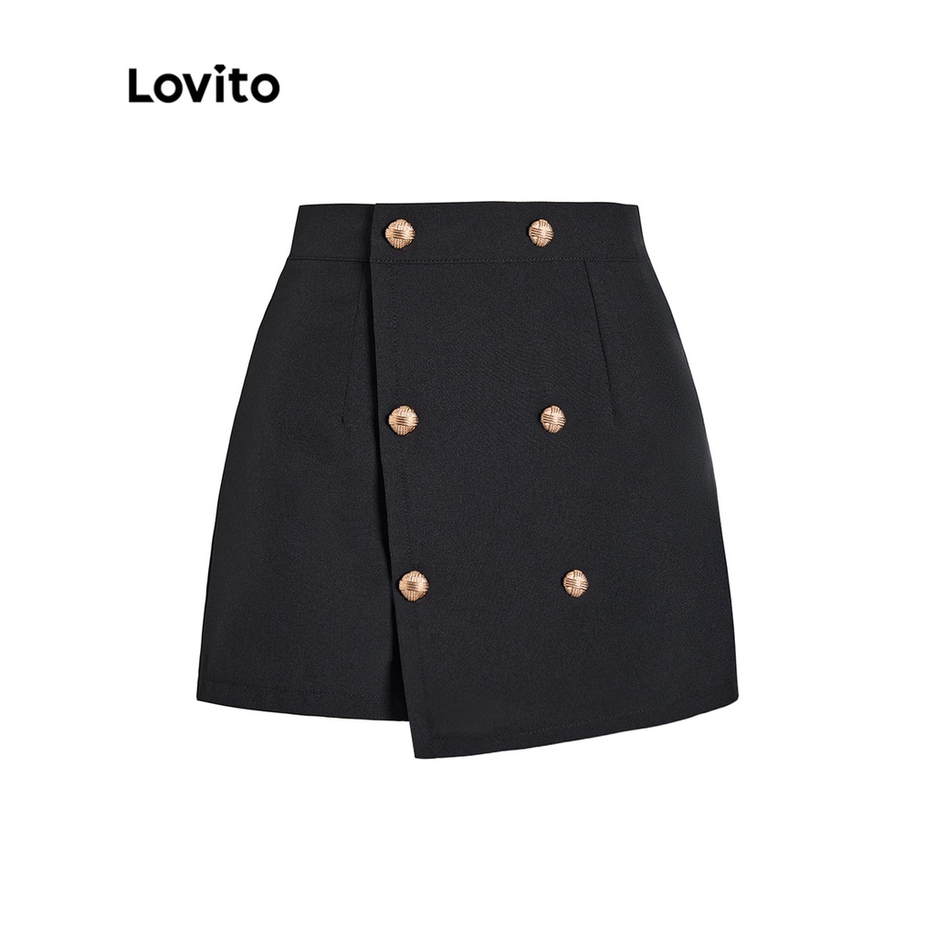 Quần short lửng Lovito màu trơn phối nút viền không đều phong cách thường ngày dành cho nữ L52AD147 (đen)