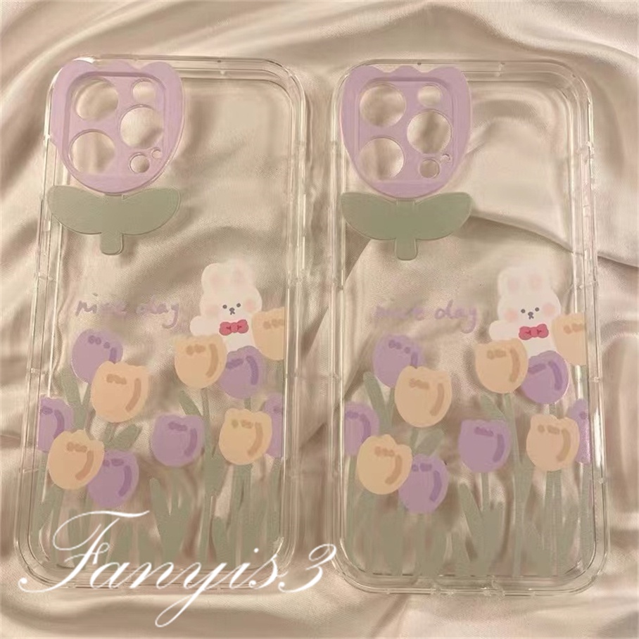 Ốp Điện Thoại TPU Mềm Trong Suốt Hình Hoa Tulip Thỏ Gấu Trúc Cho iPhone 14 13 12 11 Pro Max X XR Xs Max 8 7 6 6s + SE 2020
