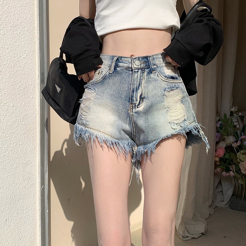 Quần Short Denim Chữ A Lưng Cao Rách Gối Phong Cách Hàn Quốc Dành Cho Nữ
