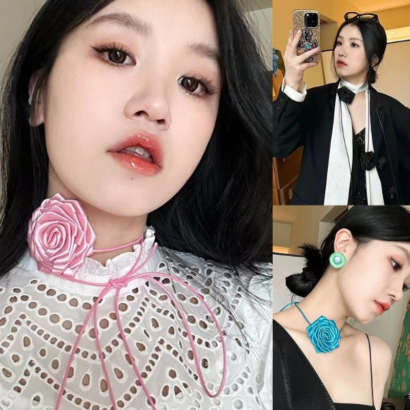 Vòng Cổ Choker Vải Satin Đính Hoa Hồng Ruy Băng Thắt Nơ