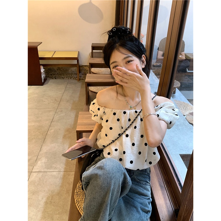 Áo Kiểu Trễ Vai Tay Phồng Họa Tiết Chấm Bi Thời Trang Mùa Hè Xinh Xắn Cho Nữ