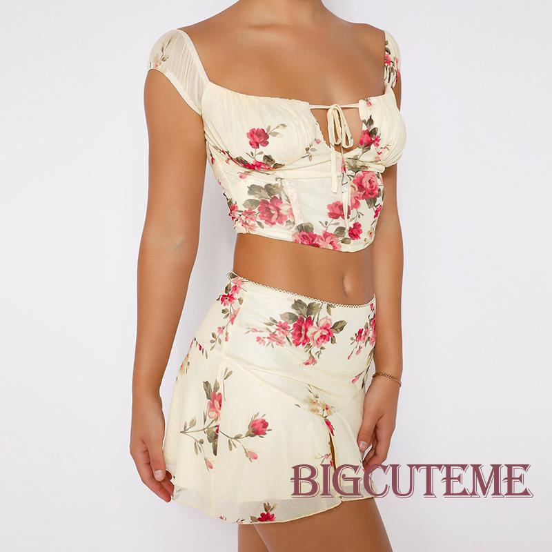 [] Set Áo Croptop Buộc Dây In Hoa Phối Chân Váy Mini Thời Trang Mùa Hè Cho Nữ