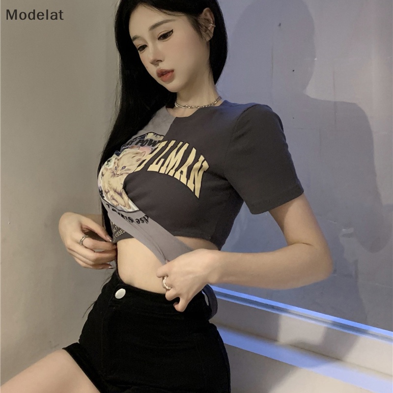 Áo Croptop Tay Ngắn Dáng Ôm In Họa Tiết Kiểu Retro Mỹ Xinh Xắn Cho Nữ