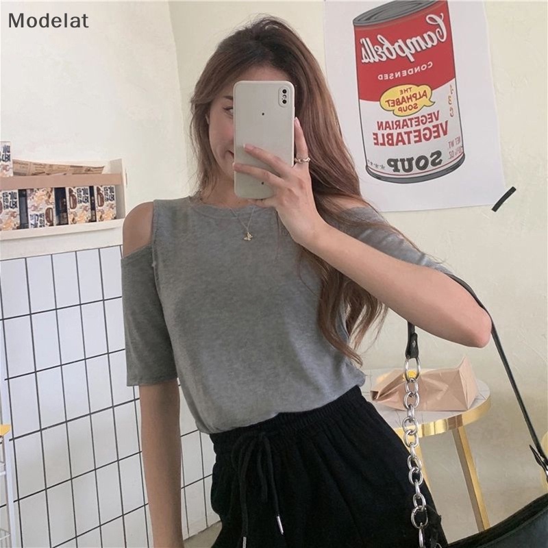 Áo Thun Tay Ngắn Cổ Tròn Hở Vai Màu Trơn Thời Trang Mùa Hè Cho Nữ