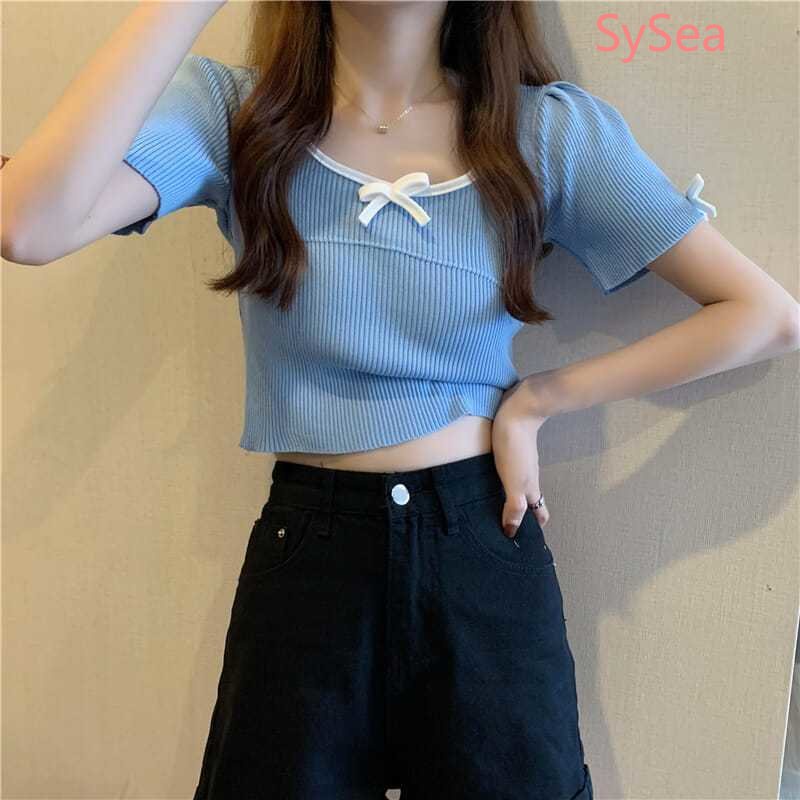 Áo Dệt Kim Ngắn Tay Phối Nơ Xinh Xắn Theo Phong Cách Hàn Quốc Dành Cho Nữ