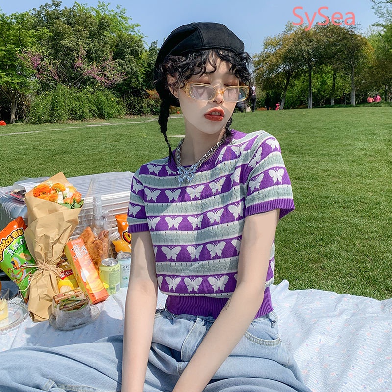 Áo Dệt Kim Họa Tiết Bướm Xinh Xắn Thời Trang Hàn Quốc Cho Nữ