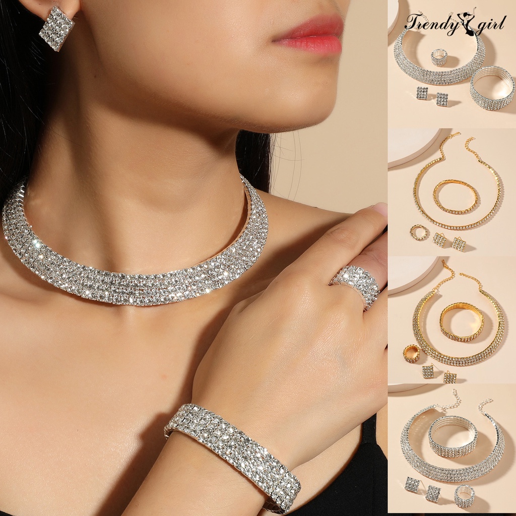 Bộ Trang Sức 4 Món Gồm Vòng cổ Nhẫn / Bông Tai / Vòng Tay Mở Rộng Đính Đá Toàn Diện Có Thể Điều Chỉnh Cho Nữ