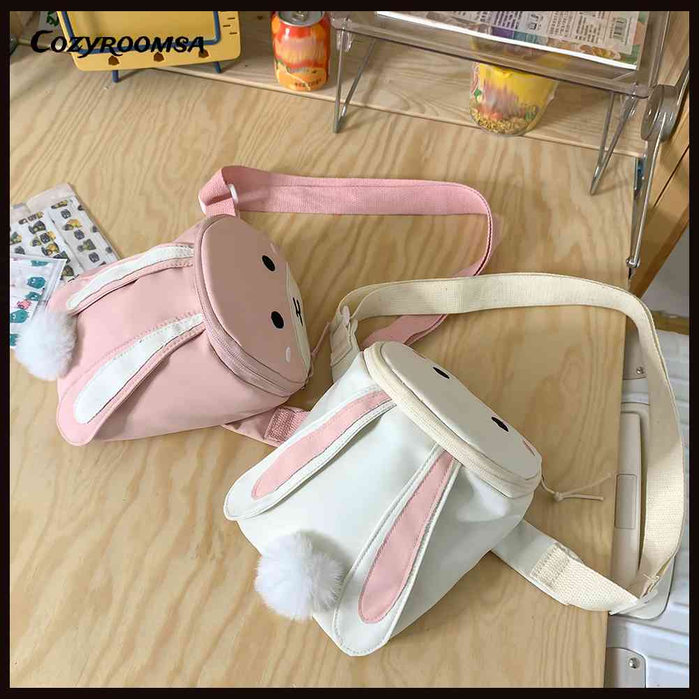 Túi Đeo Chéo Bằng Nylon Mềm Hình Thỏ Tai Dài Có Khóa Kéo Phong Cách Kawaii