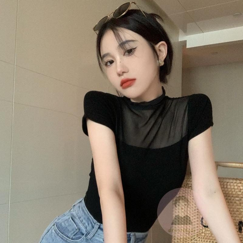 Áo Thun Tay Ngắn Phối Lưới Kiểu Dáng Đơn Giản Dành Cho Nữ