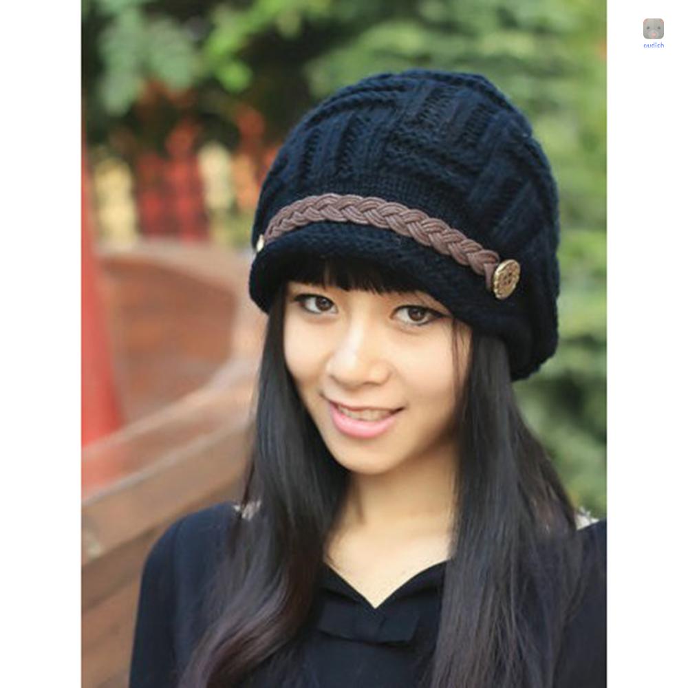 Mũ Len Beanie Dệt Kim Họa Tiết Kẻ Sọc Có Dây Thắt Lưng Bằng Da Thời Trang Mùa Đông Cho Nữ