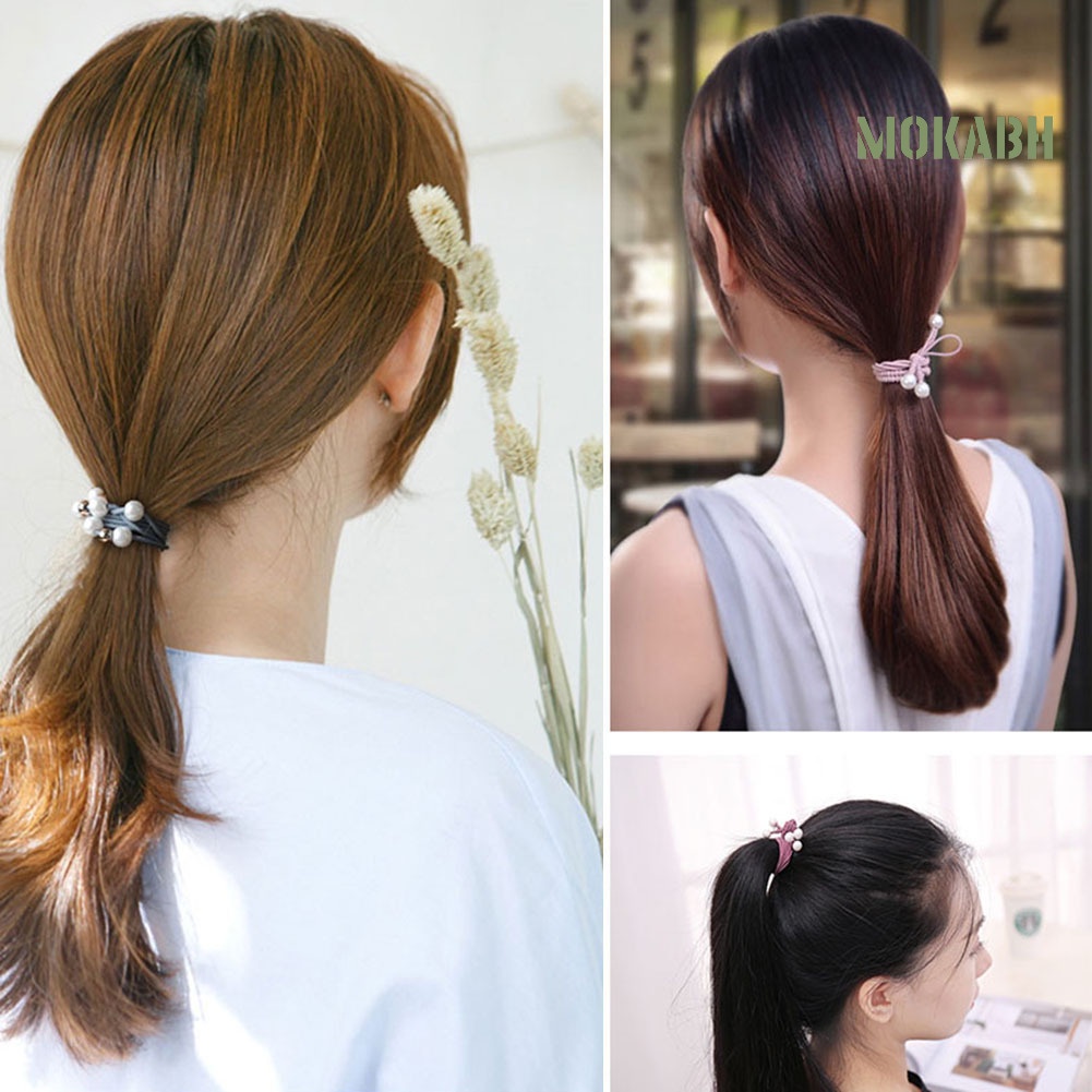 12 Dây Cột Tóc Co Dãn Có Đính Nơ Và Ngọc Trai Giả