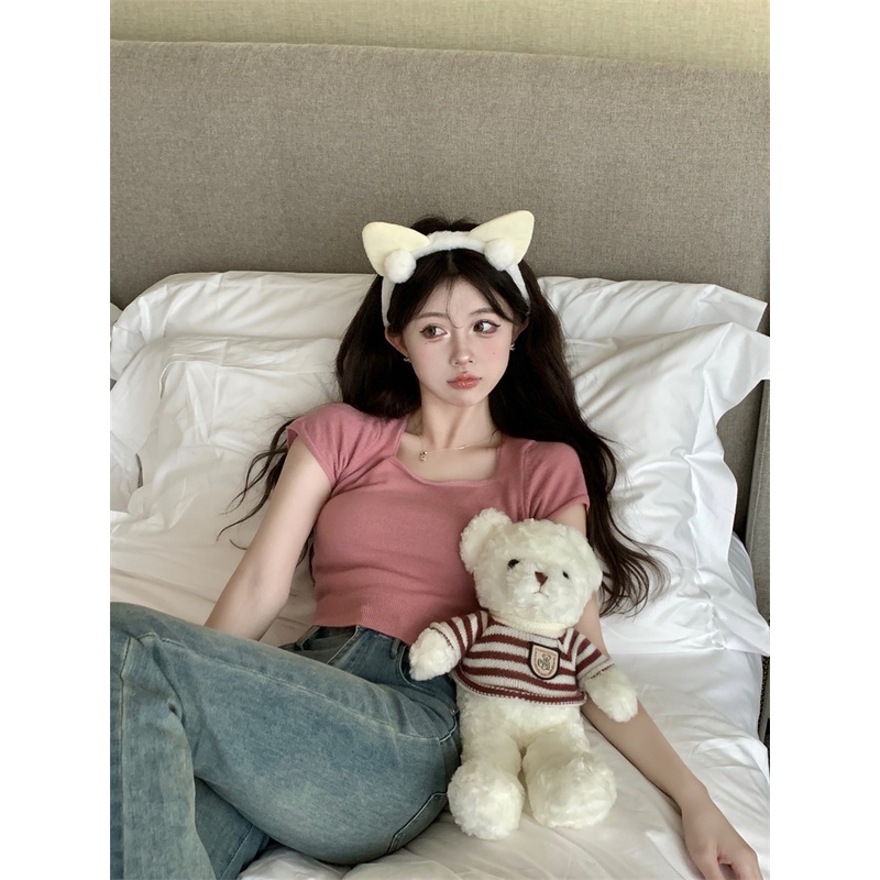 Áo Thun Dệt Kim Ngắn Tay Cổ Chữ U Dáng Ôm Thời Trang Mùa Xuân Hè Quyến Rũ Dành Cho Nữ 100