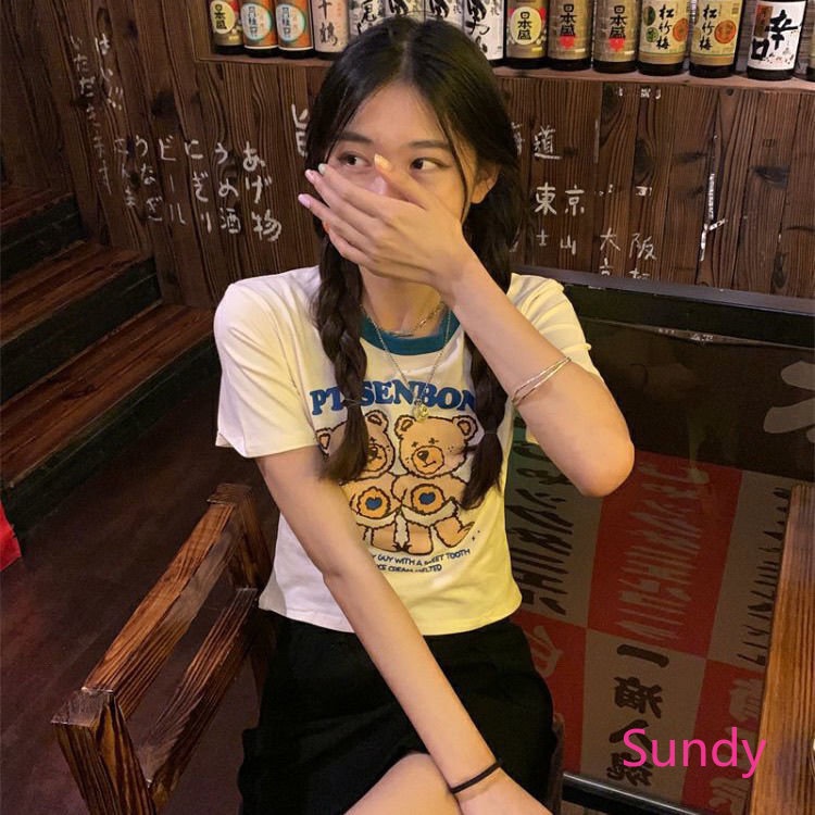 Áo Thun Croptop Tay Ngắn In Họa Tiết Chú Gấu Nhỏ Dễ Thương Thời Trang Mùa Hè Cho Nữ