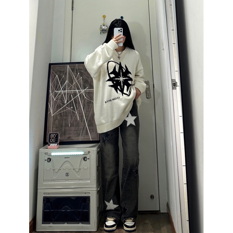 Quần Jean Y2k Ống Rộng Họa Tiết Ngôi Sao Vie Phong Cách Đường Phố Mỹ Thời Trang Cho Nữ