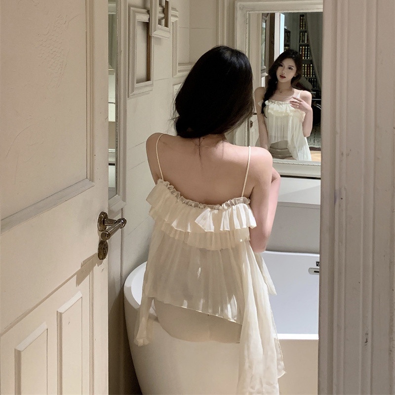 Áo Chiffon Sát Nách Dáng Rộng Thiết Kế Xếp Ly Không Đồng Đều Sang