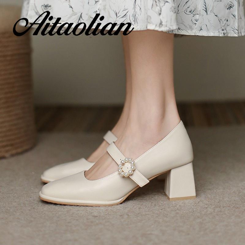 Giày Cao Gót 5Cm Da Mềm Mũi Vuông Đính Khóa Ngọc Trai Chống Trượt Phong Cách Anh Quốc