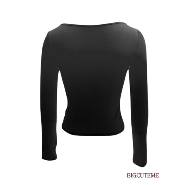 [] Áo Thun Tay Dài Cổ Xẻng Thắt Nơ Trước Dáng Ôm Màu Trắng / Đen Cơ Bản Dành Cho Bạn Nữ