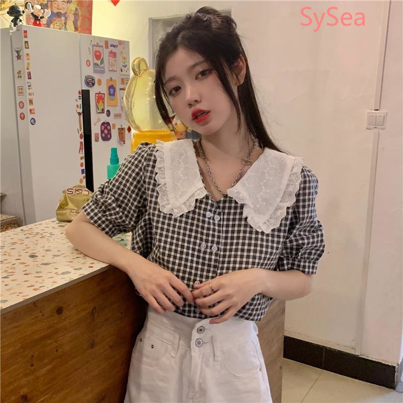 Áo Kiểu Tay Phồng Cổ Búp Bê Form Rộng Họa Tiết Sọc Caro Phong Cách Pháp