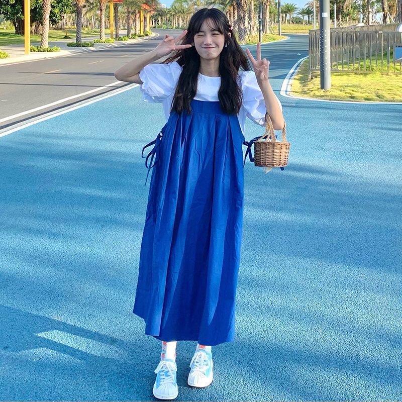 Set Áo Tay Phồng + Chân Váy Màu Xanh Dương Ngọt Ngào Thời Trang Theo Phong Cách Nhật Bản