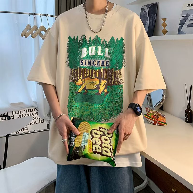Áo Thun Tay Ngắn Dáng Rộng In Họa Tiết Chú Gấu Hoạt Hình Phong Cách Hồng Kông Thời Trang Mùa Hè Thoải Mái Cho Nam