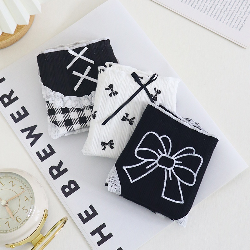 Quần Lót Cotton Lưng Vừa In Họa Tiết Đính Nơ Phong Cách Lolita Nhật Bản Dễ Thương Cho Nữ