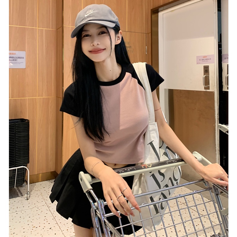 Áo Thun Ngắn Tay Cổ Tròn Màu Sắc Tương Phản Thời Trang