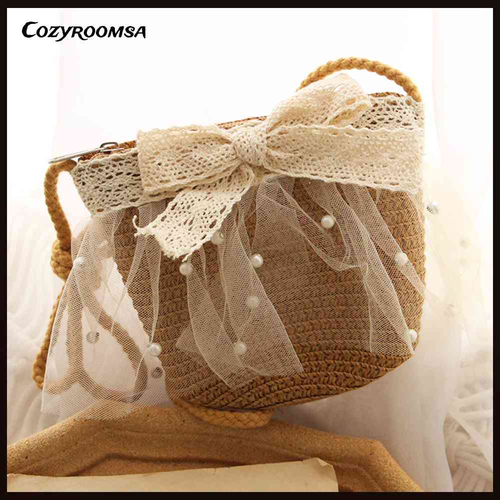 Túi Đeo Vai Đan Lát Phối Ren Đính Nơ Xinh Xắn Cho Bé Gái