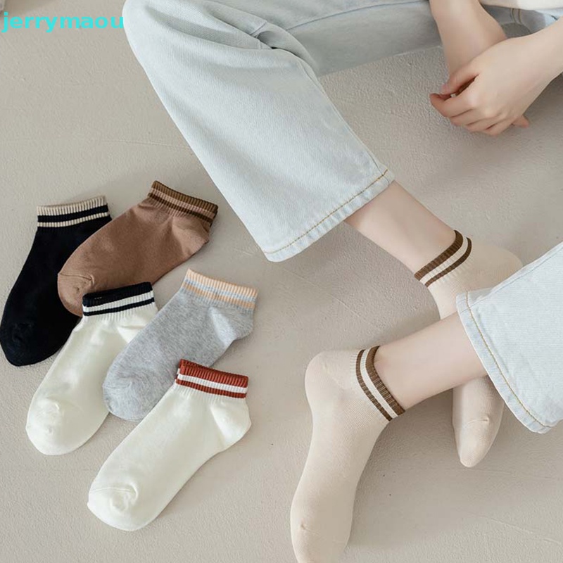 Set 2 Đôi Vớ Thể Thao Bằng Cotton Màu Trơn Họa Tiết Kẻ Sọc Thoải Mái Thoáng Khí Thời Trang Xuân Thu Cho Nữ