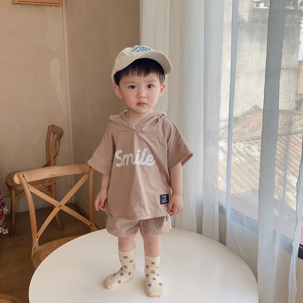 Set Áo Hoodie Tay Ngắn + Quần Short Mỏng In Chữ Thời Trang Mùa Hè Mới Cho Bé 0-3 Tuổi
