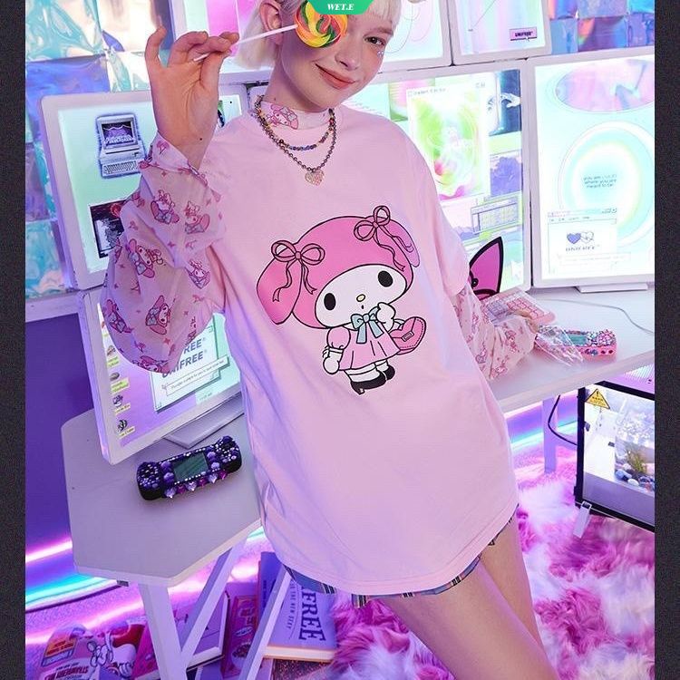 Áo Thun Tay Ngắn Dáng Rộng In Họa Tiết Sanrio Melody Kuromi Thời Trang Mùa Hè 2023 Cho Nữ