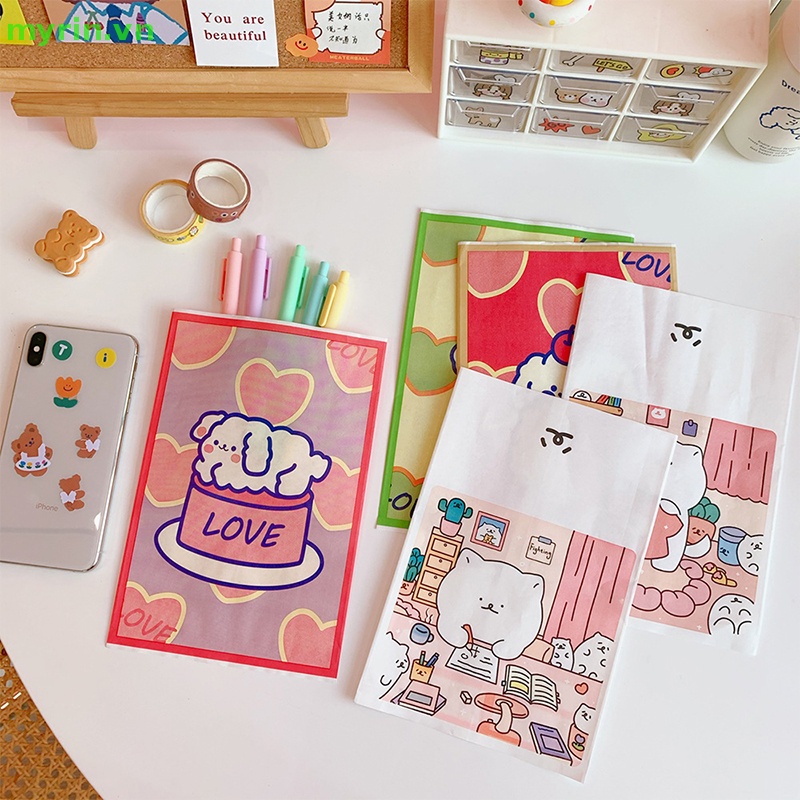 Set 5 Túi Giấy Kraft Đựng Quà / Trang Sức In Họa Tiết Hoạt Hình Dễ Thương