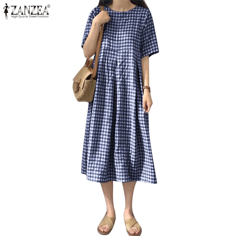 ZANZEA Đầm Ngắn Tay Cổ Tròn Họa Tiết Ca Rô Thời Trang Dành Cho Nữ