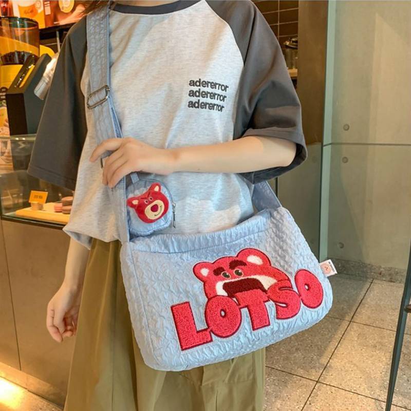 Kira Lotso Túi Đeo Chéo Vải canvas Họa Tiết Gấu Dâu Tây Dễ Thương Sức Chứa Lớn Thời Trang Thường Ngày