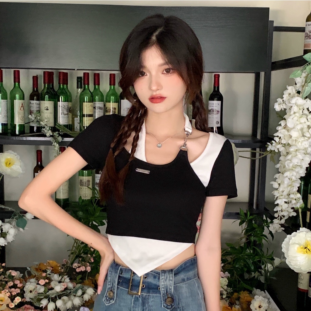 Áo Thun Ngắn Tay Dáng Ôm Thiết Kế Lệch Tà Thời Trang Mùa Hè Mới Cho