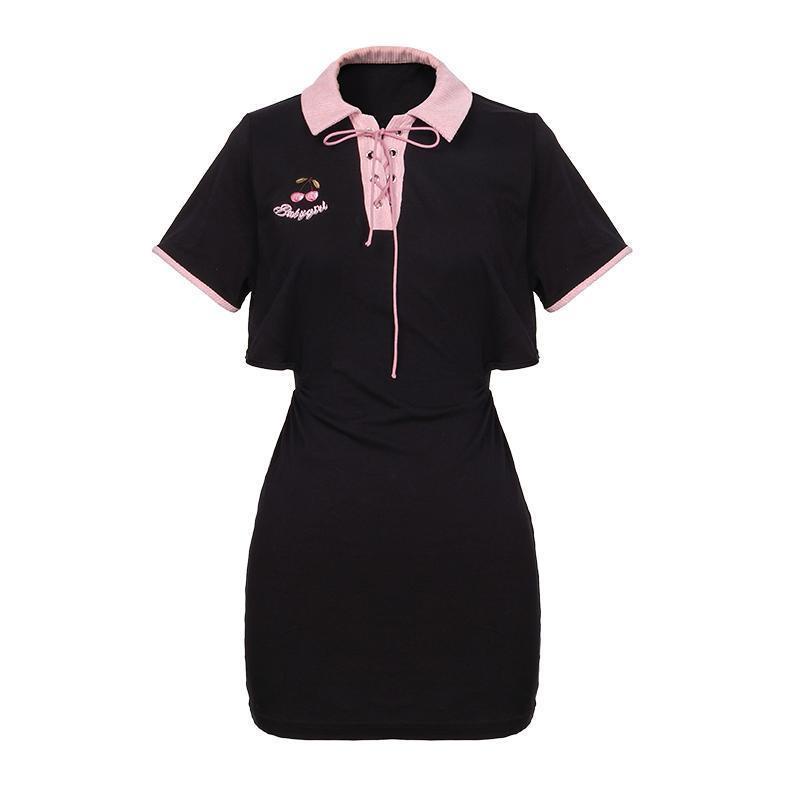 Đầm Ngắn Tay Thêu Họa Tiết Trái Cherry Xinh Xắn Dành Cho Nữ