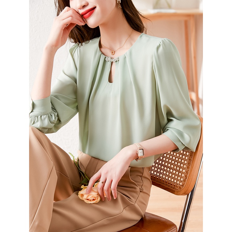 Áo Sơ Mi Tay Dài Đính Hạt Phong Cách Hàn Quốc Thời Trang Cho Nữ