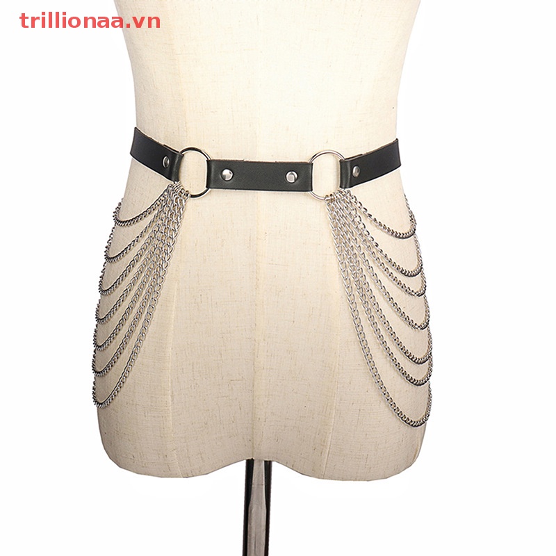 Thắt Lưng Da Màu Đen Phối Dây Xích Phong Cách Goth Gợi Cảm