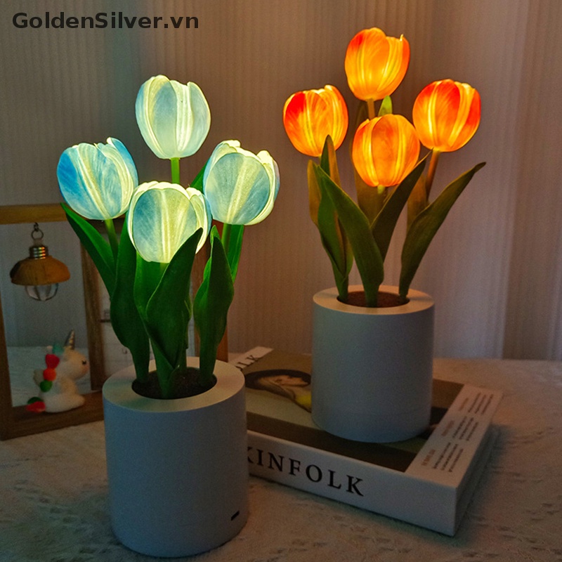 Đèn Ngủ Hình Hoa Tulip Vàng Bạc Sáng Tạo Có Thể Sạc Lại