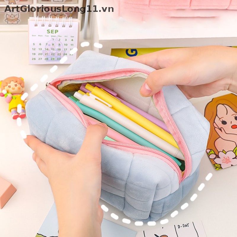 Túi Đựng Bút Bằng Nhung Mềm Sức Chứa Lớn Màu Hồng Có Khóa Kéo